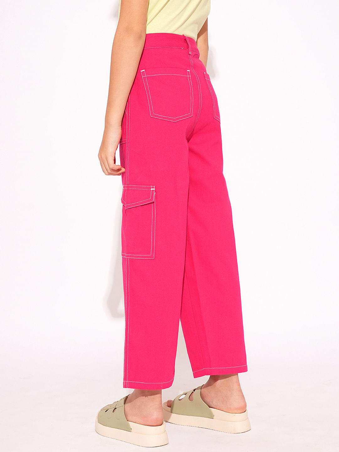 Girls Pink Contrast Stitch Straight Fit Pants