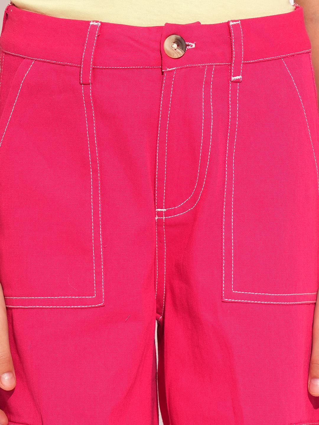 Girls Pink Contrast Stitch Straight Fit Pants