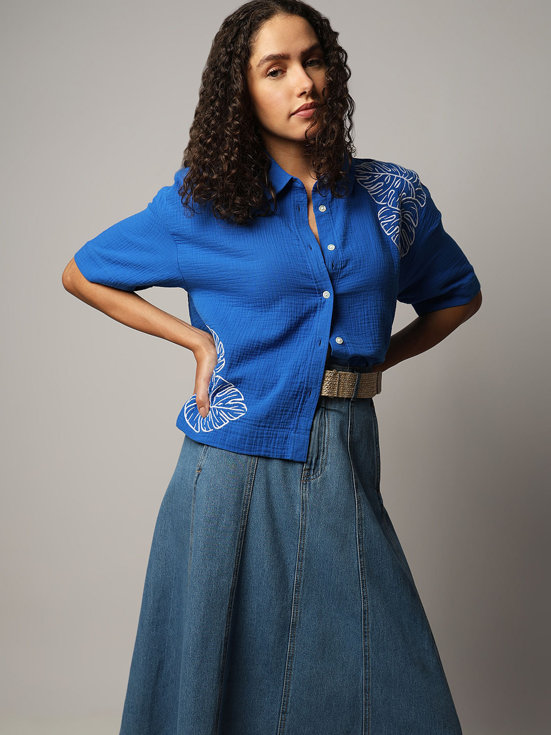 Blue Floral Crinkle Weave Shirt