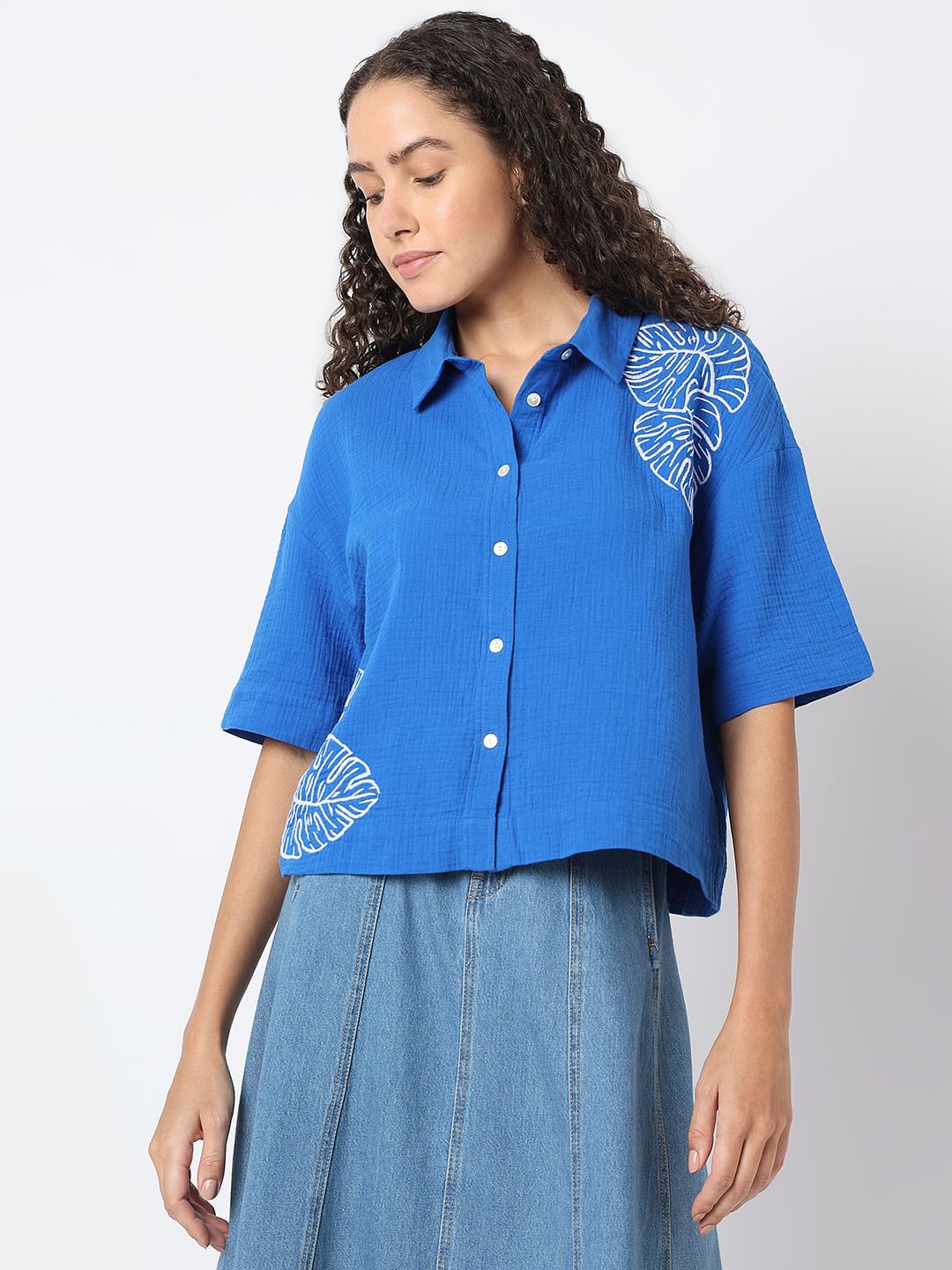 Blue Floral Crinkle Weave Shirt