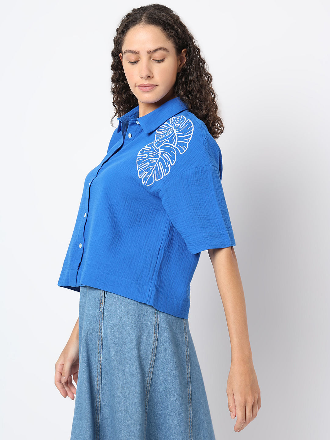 Blue Floral Crinkle Weave Shirt