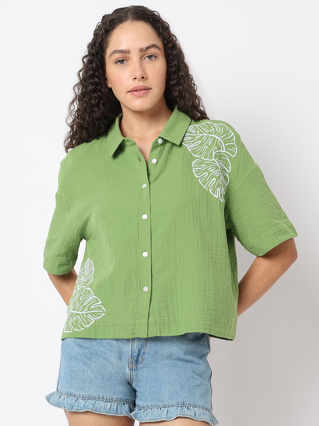 Green Floral Crinkle Weave Shirt