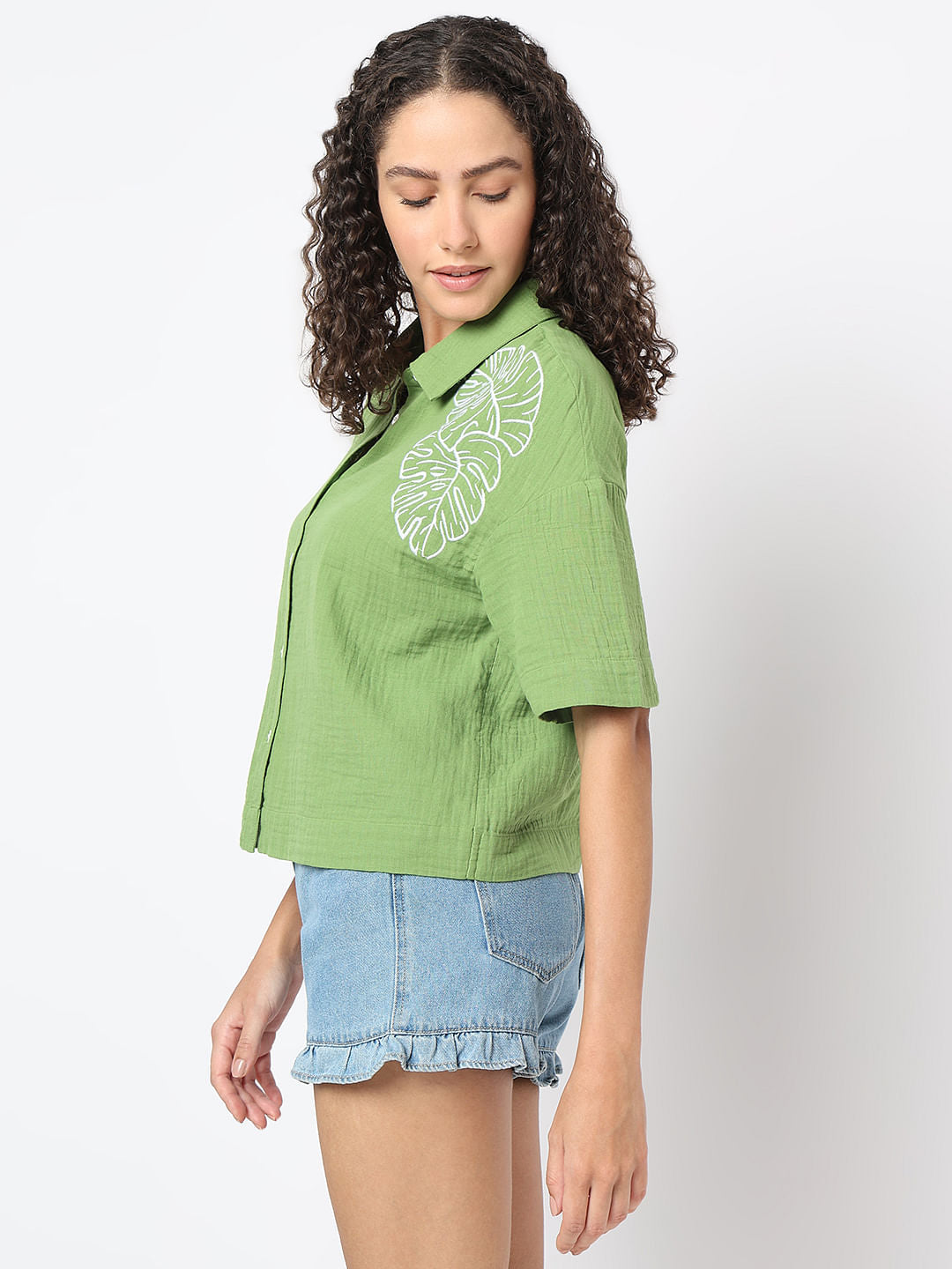 Green Floral Crinkle Weave Shirt