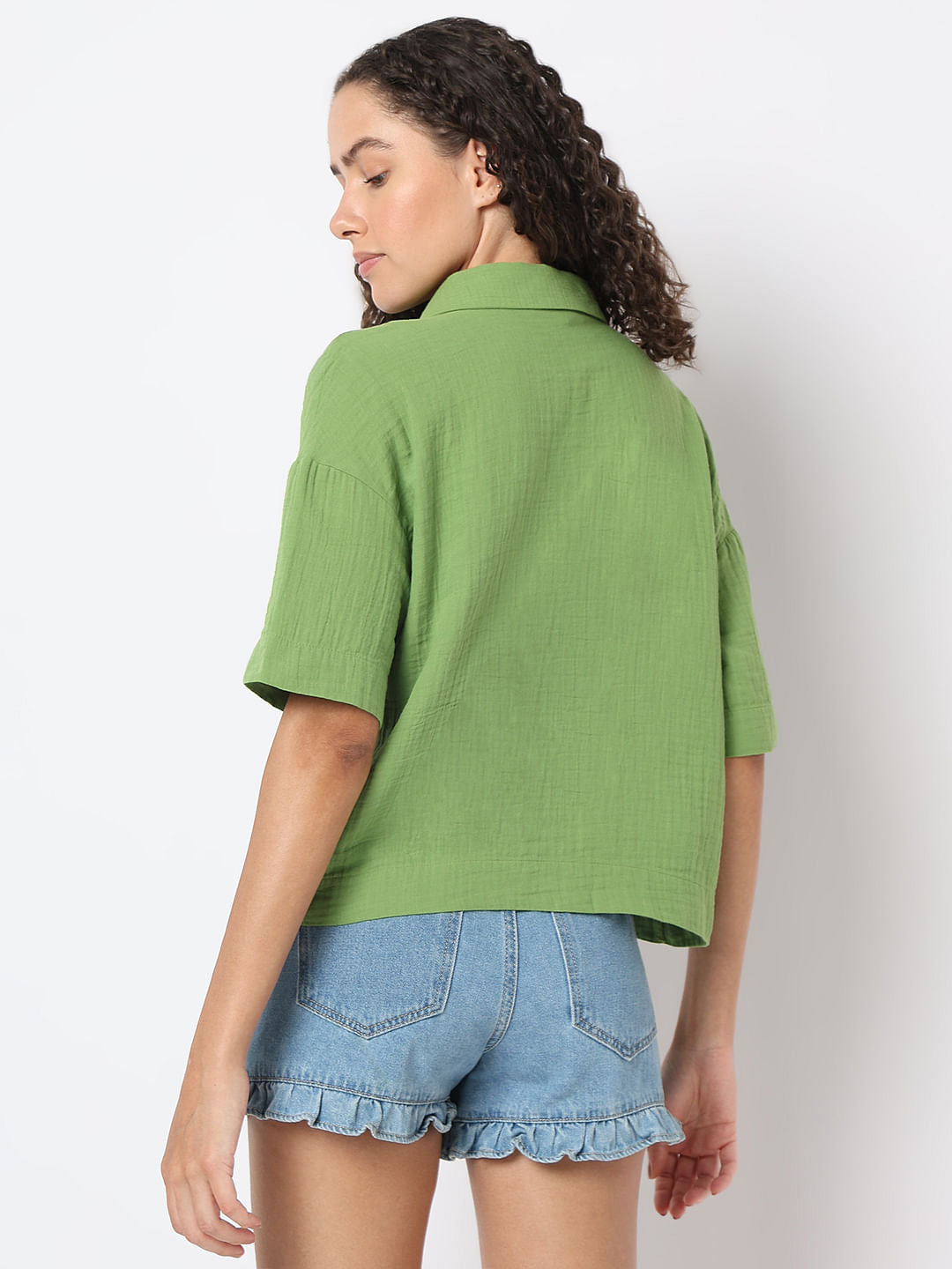 Green Floral Crinkle Weave Shirt