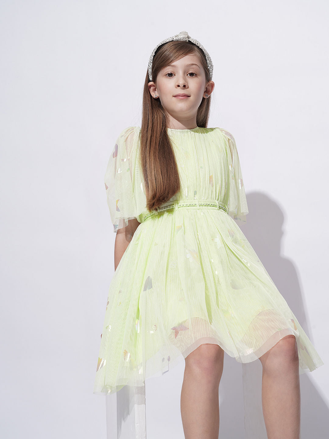 Girls Lime Green Mesh Fit & Flare Dress