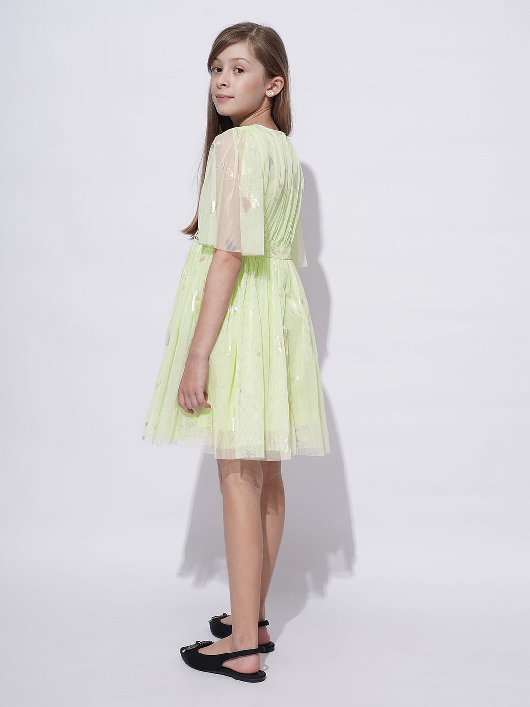 Girls Lime Green Mesh Fit & Flare Dress