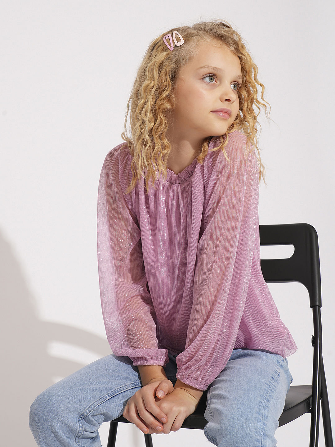 Girls Pink Plisse Shimmer Top