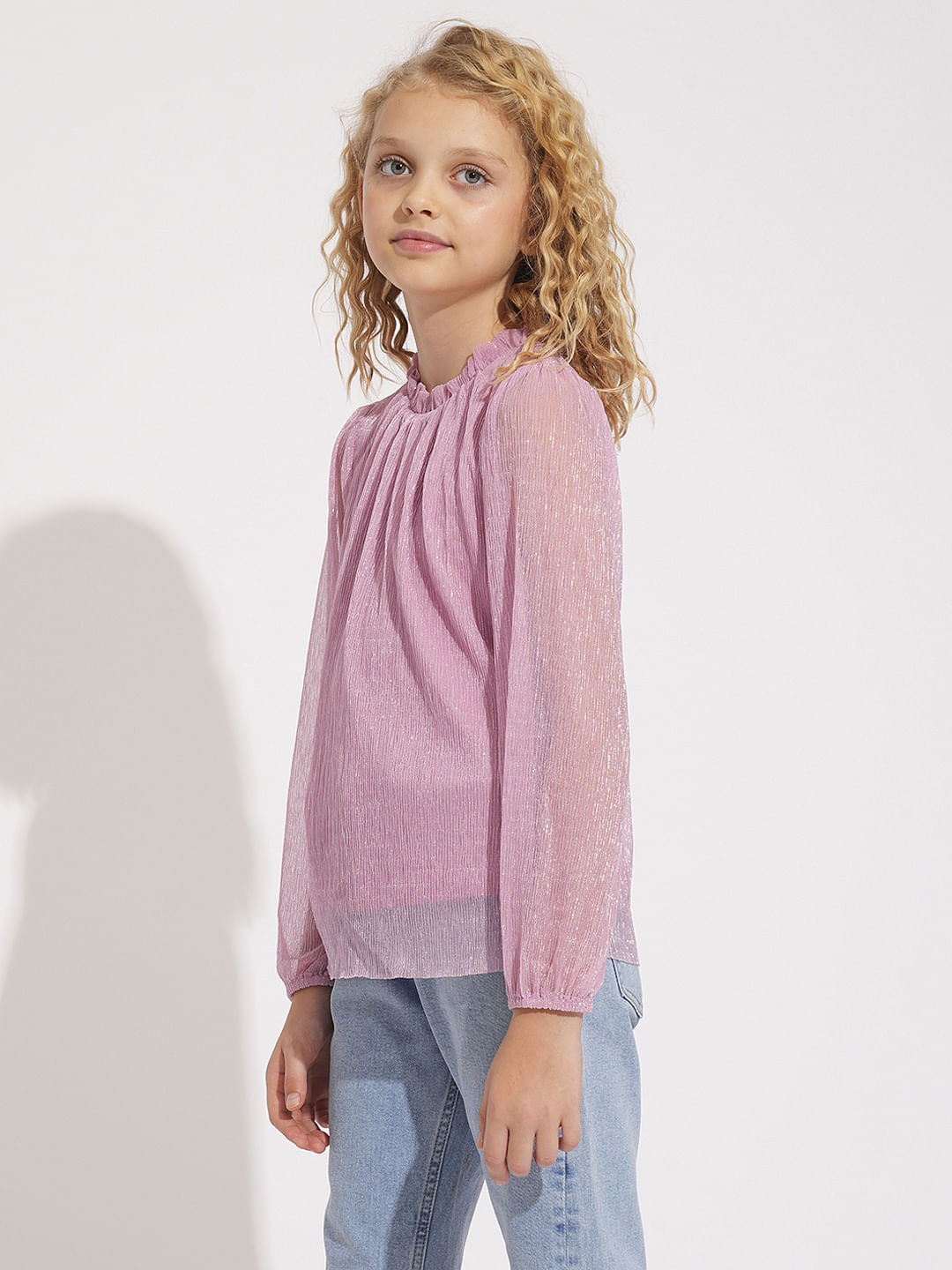 Girls Pink Plisse Shimmer Top