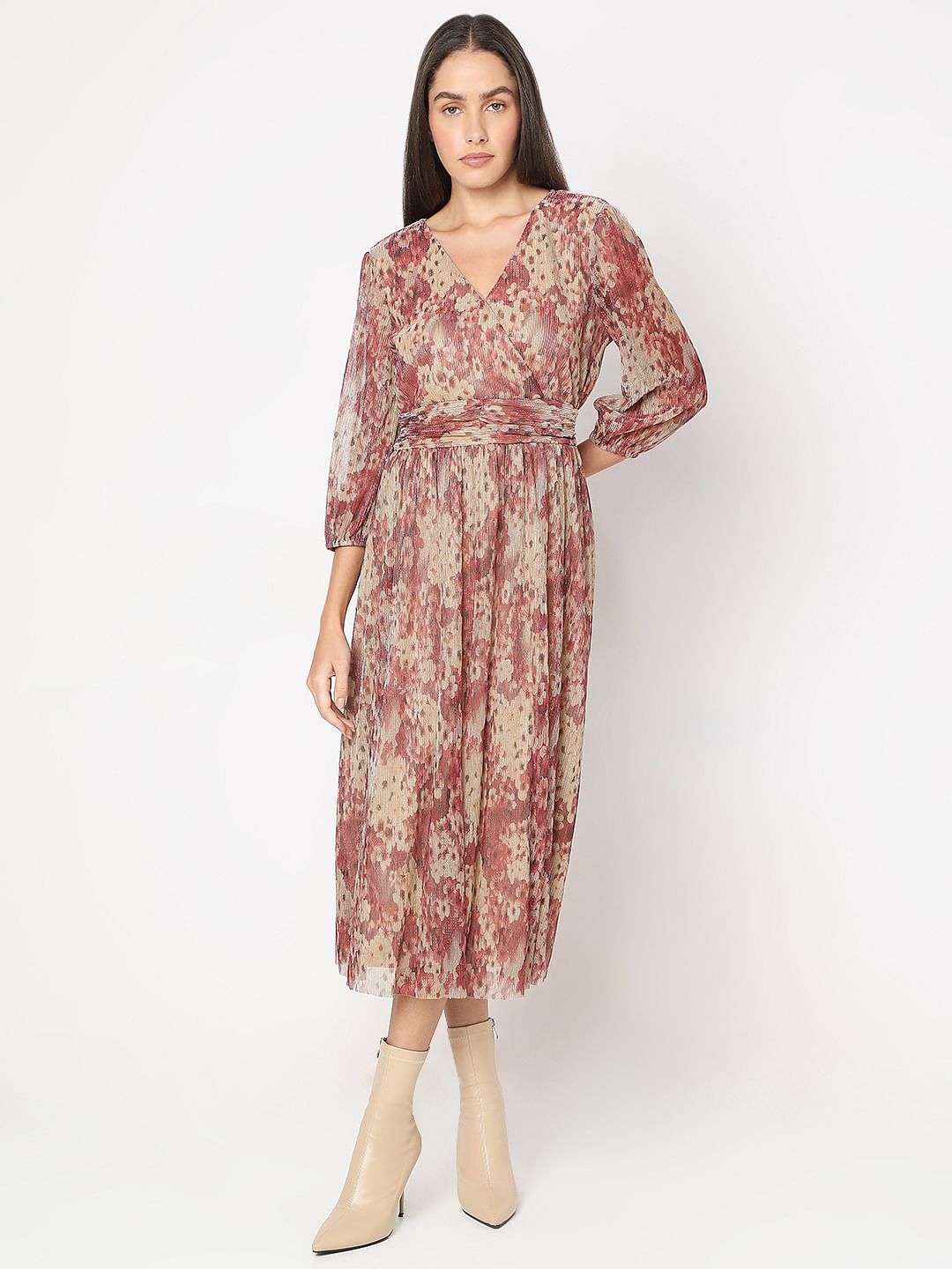 Beige Printed Midi Dress