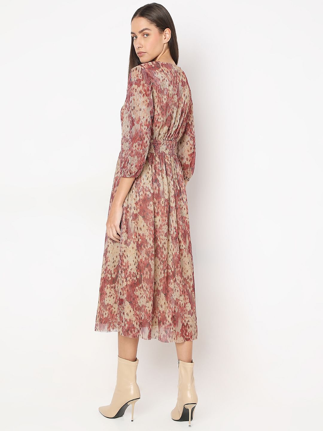 Beige Printed Midi Dress