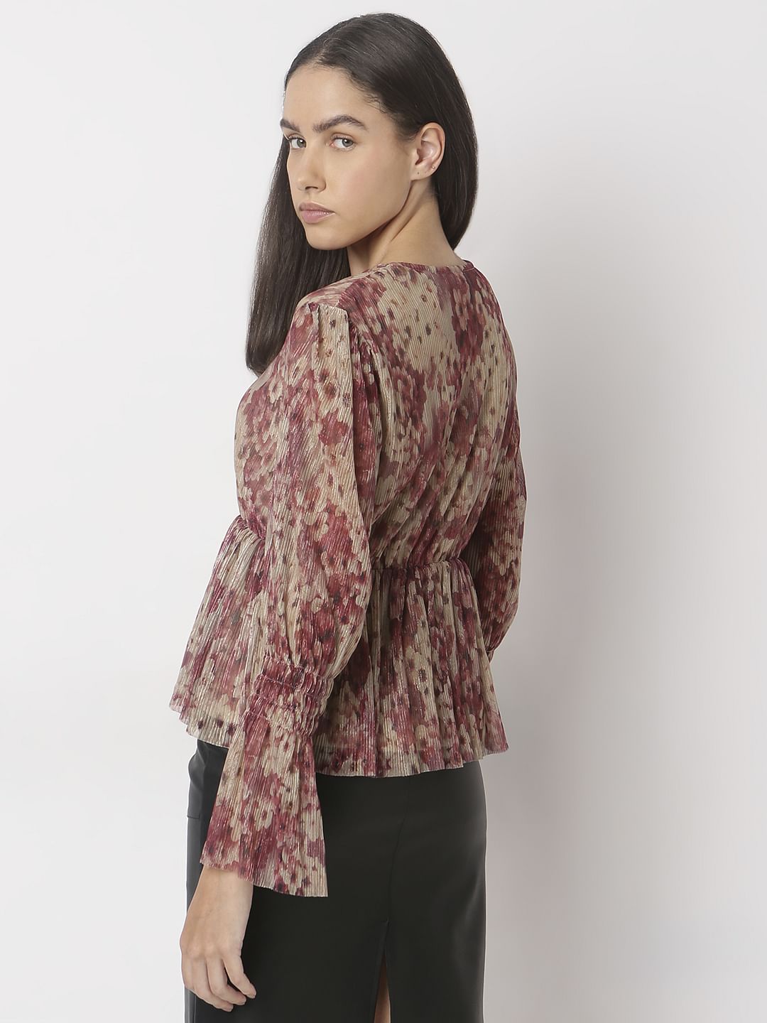 Beige V-Neckprinted Top