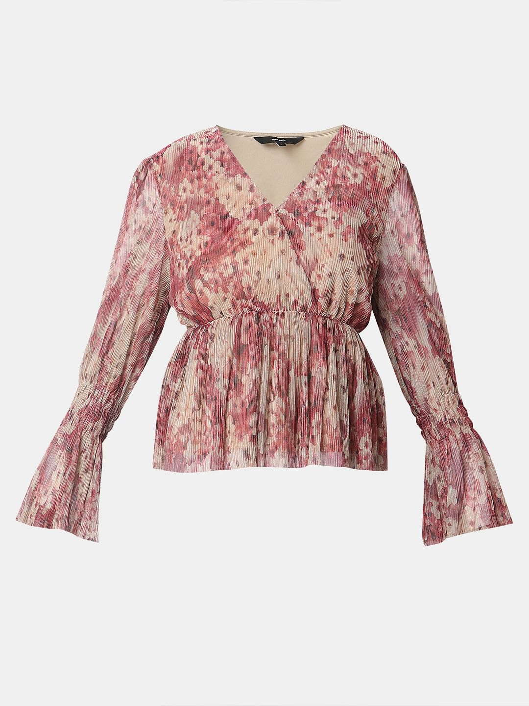 Beige V-Neckprinted Top