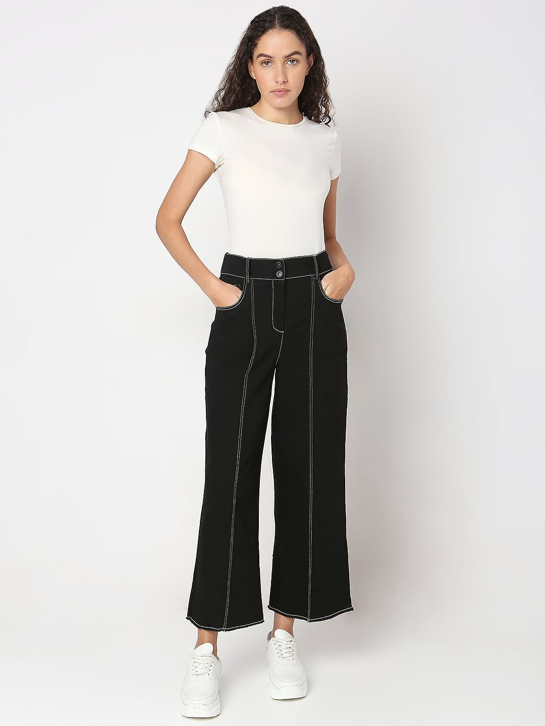 Black Wide Leg Stich Line Jeans