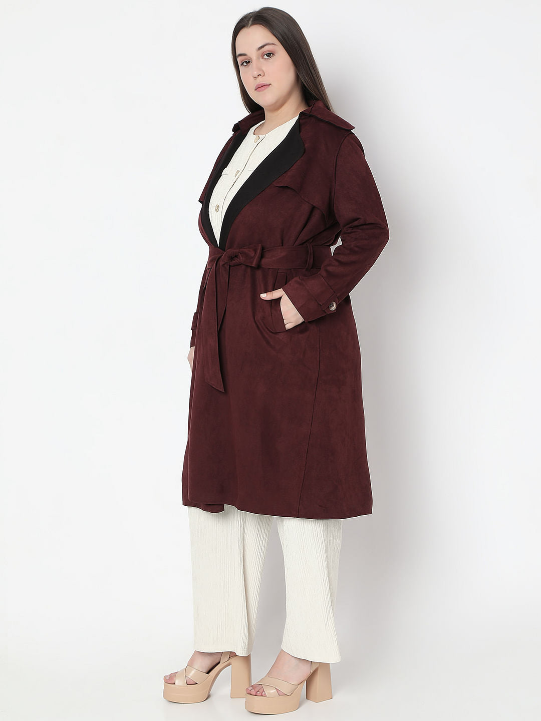 Curve Chocolate Brown Suede Long Coat