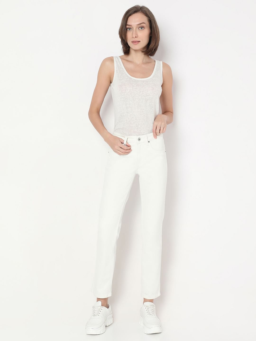 White Mid Rise Straight Fit Jeans