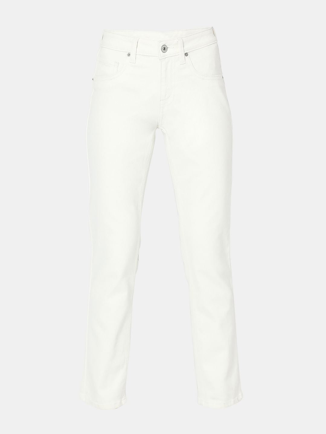 White Mid Rise Straight Fit Jeans