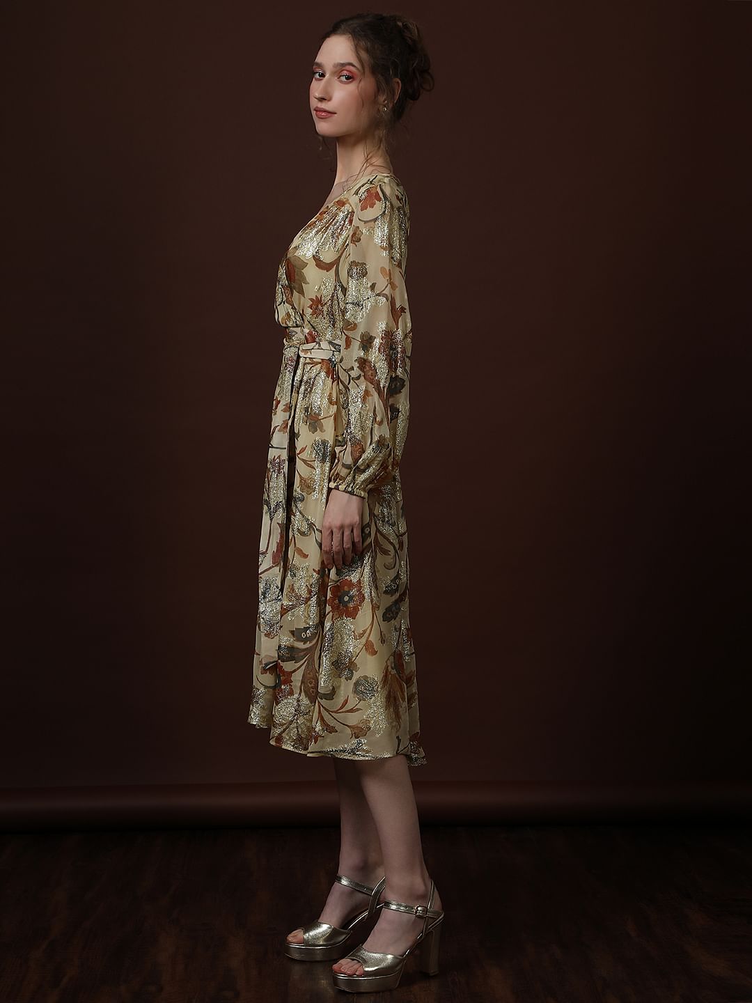 Ecru Floral Print Midi Dress