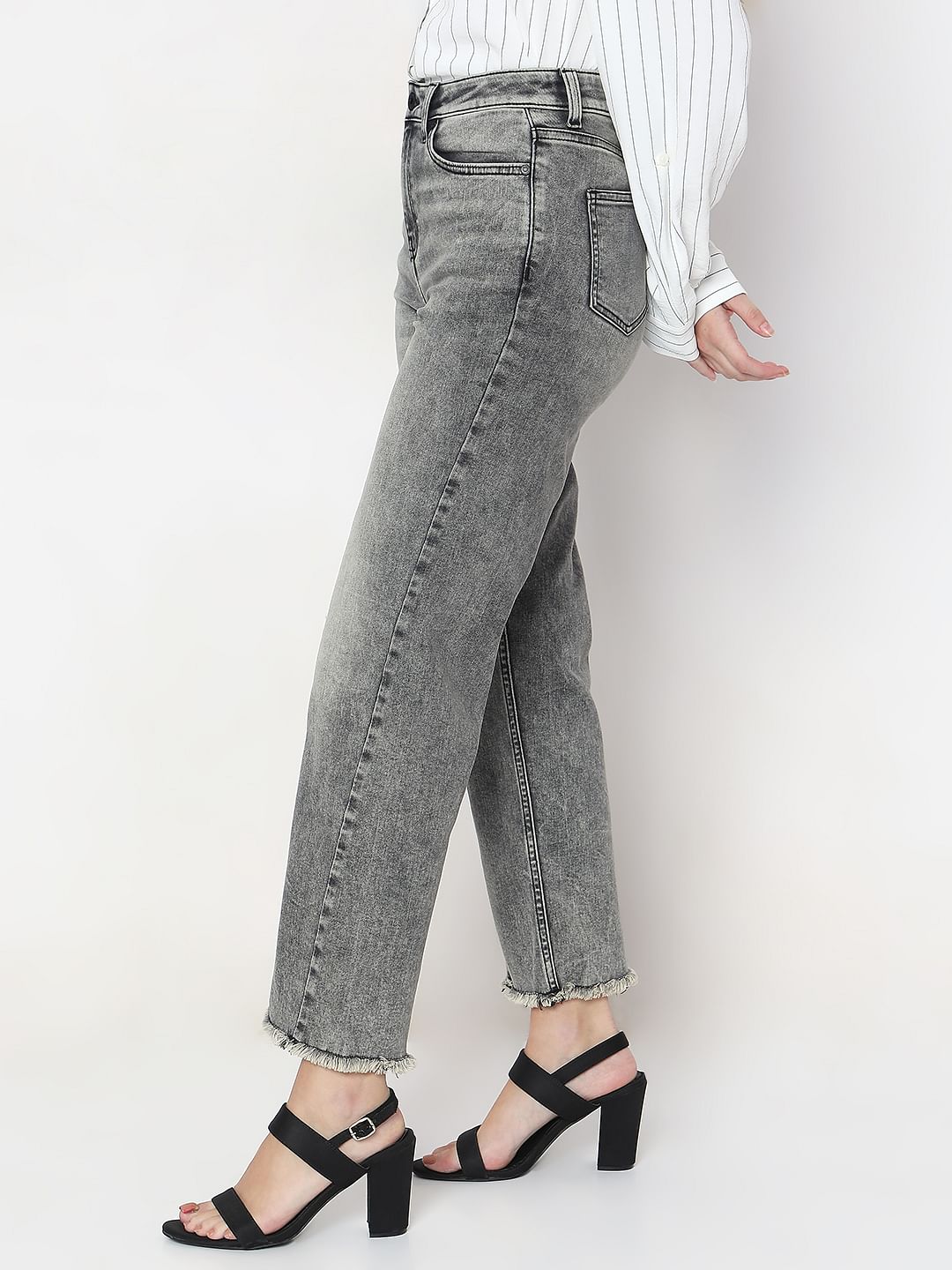 Grey Wide Leg High Rise Jeans