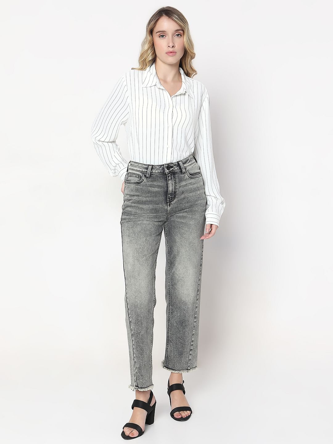 Grey Wide Leg High Rise Jeans