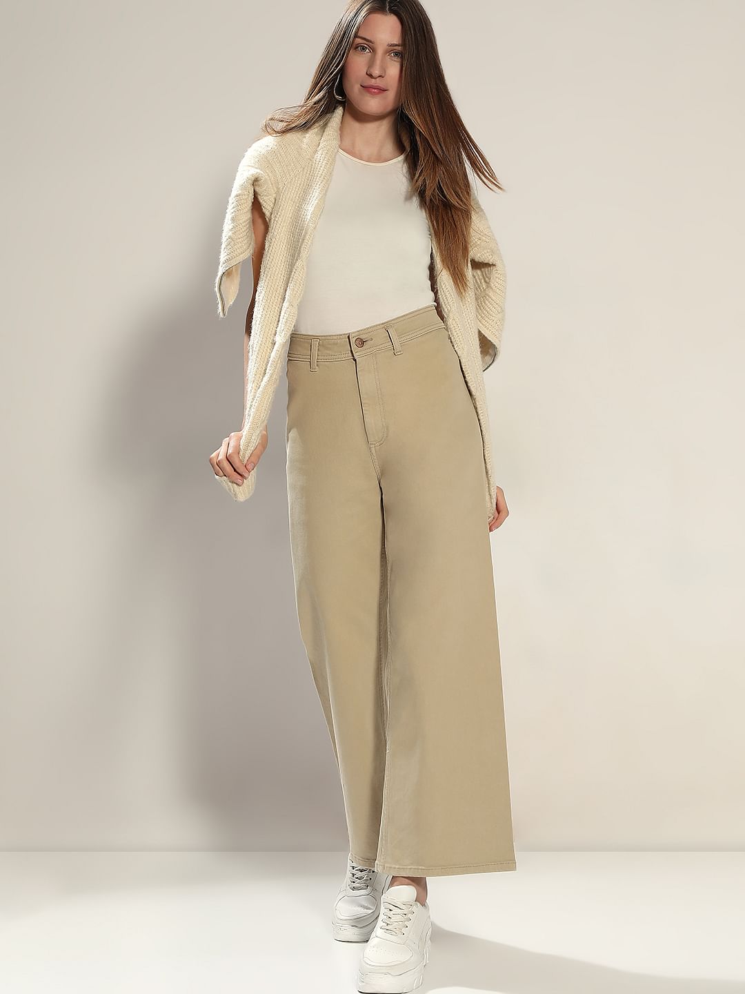 Beige Wide Leg High Rise Jeans