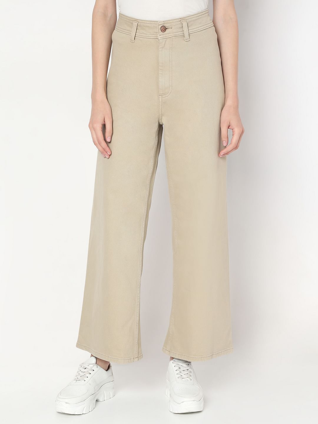 Beige Wide Leg High Rise Jeans