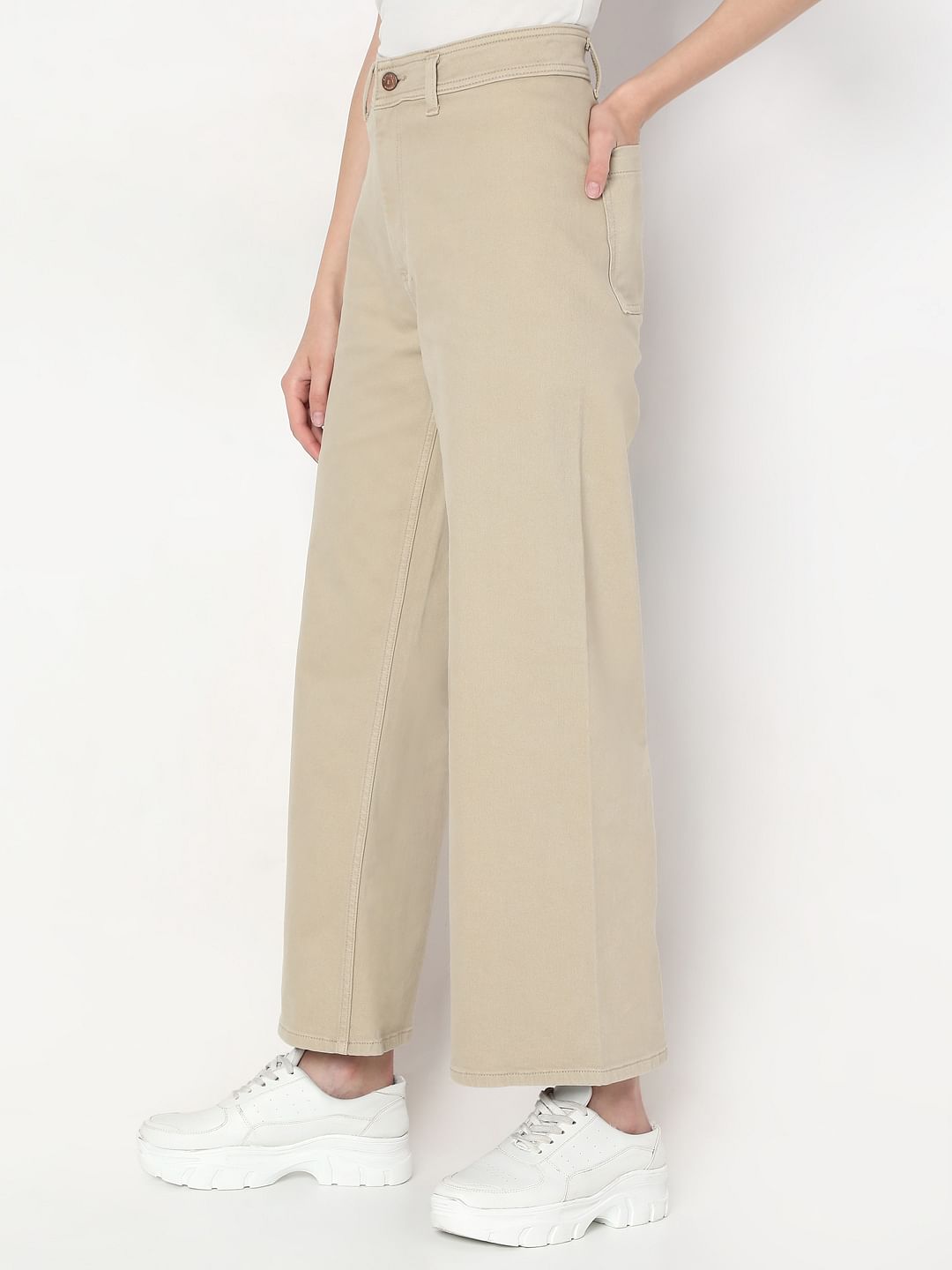 Beige Wide Leg High Rise Jeans