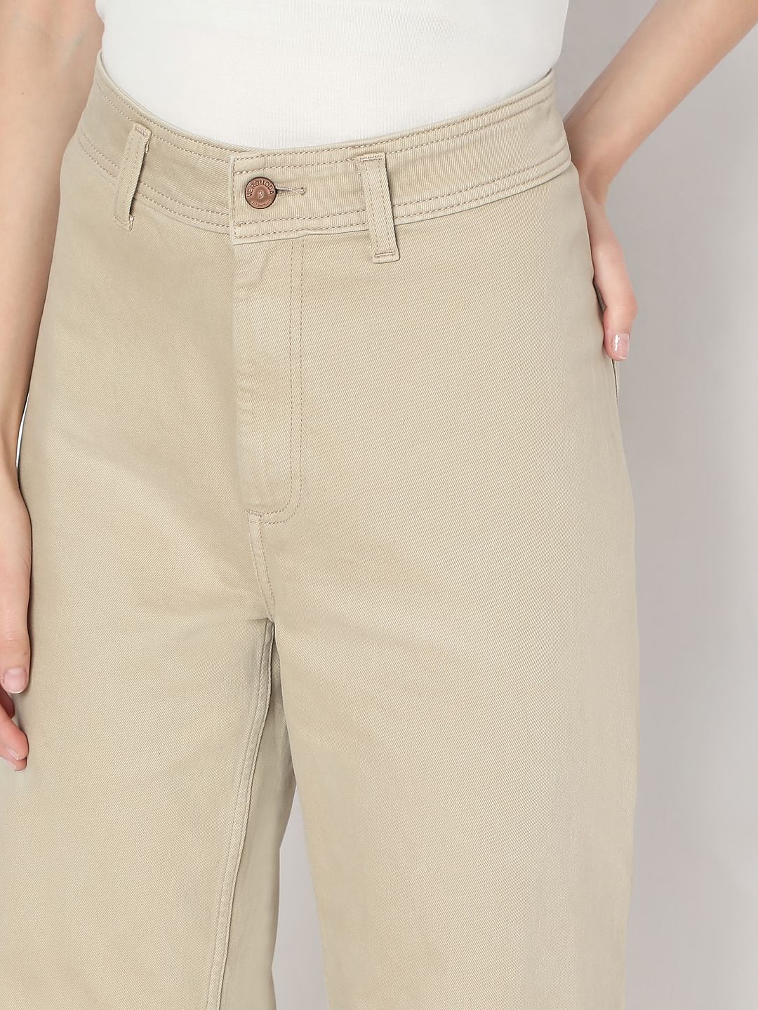 Beige Wide Leg High Rise Jeans