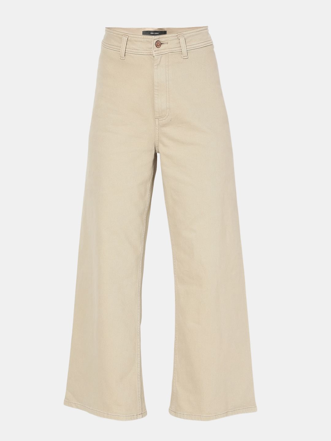 Beige Wide Leg High Rise Jeans