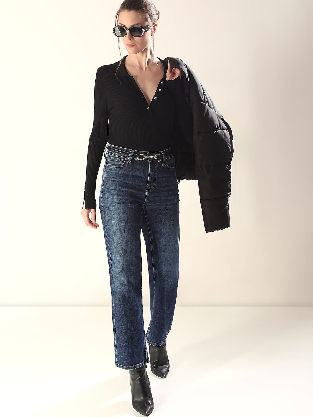 Dark Blue Mid Rise Wide Leg Jeans