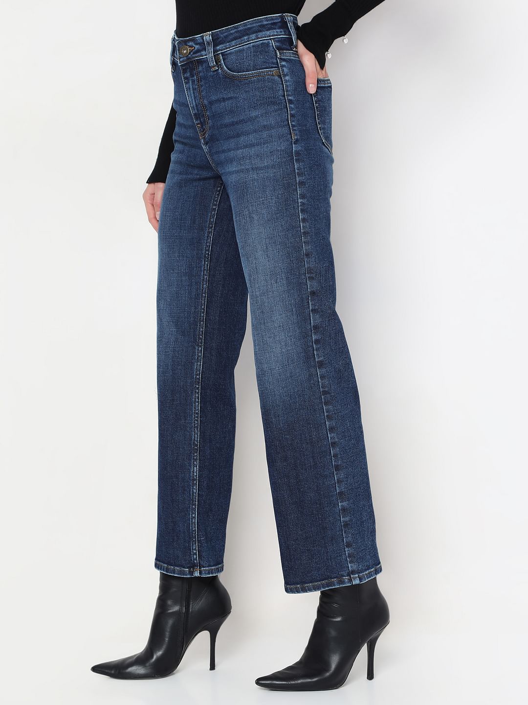 Dark Blue Mid Rise Wide Leg Jeans