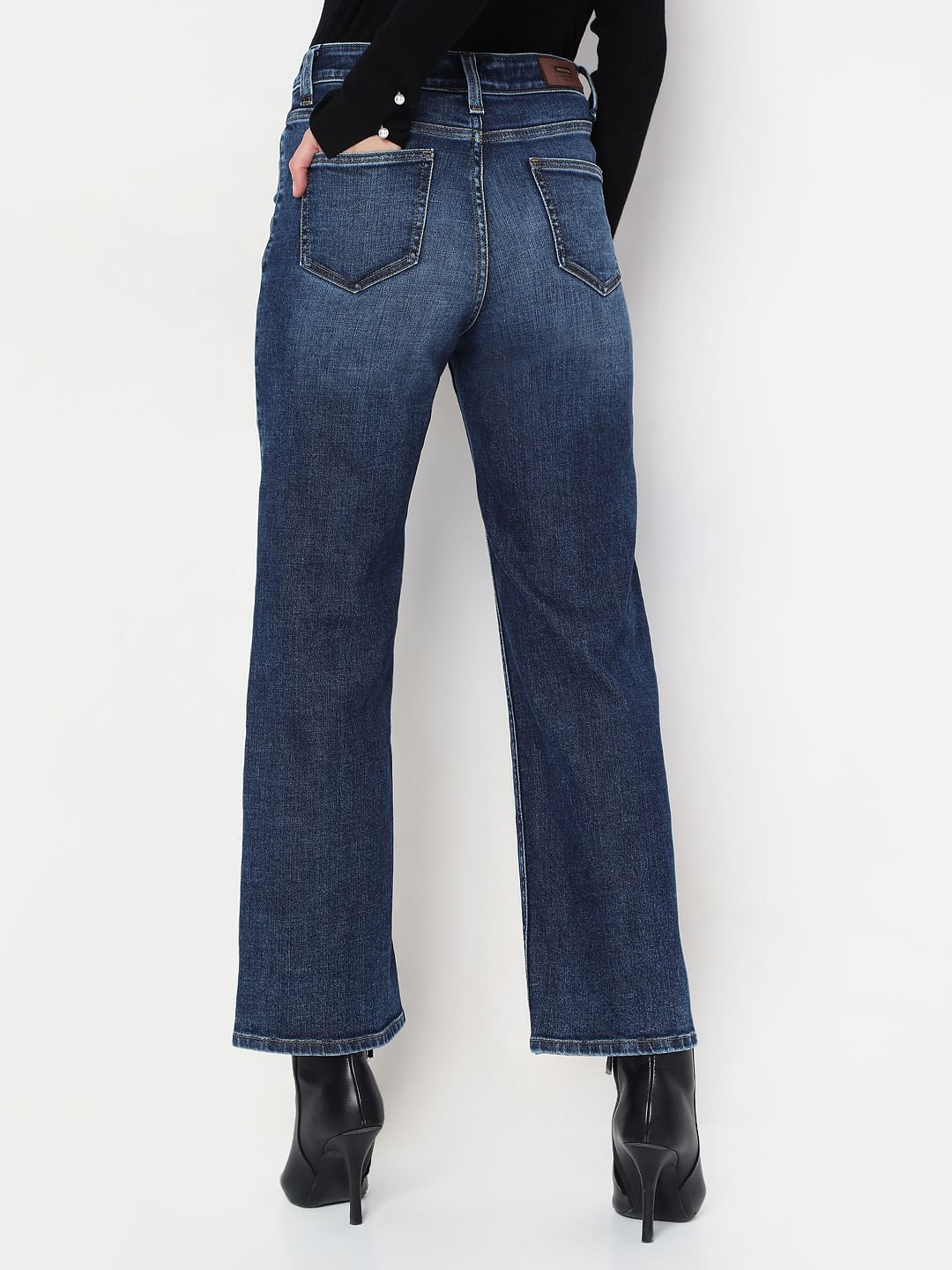 Dark Blue Mid Rise Wide Leg Jeans