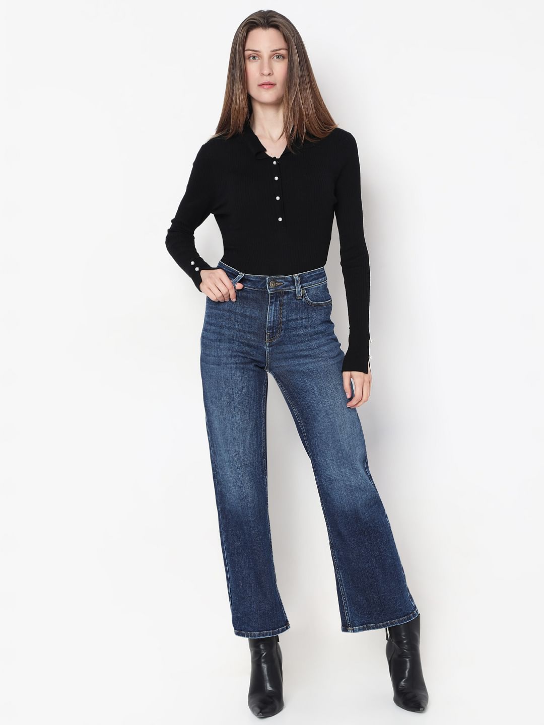 Dark Blue Mid Rise Wide Leg Jeans