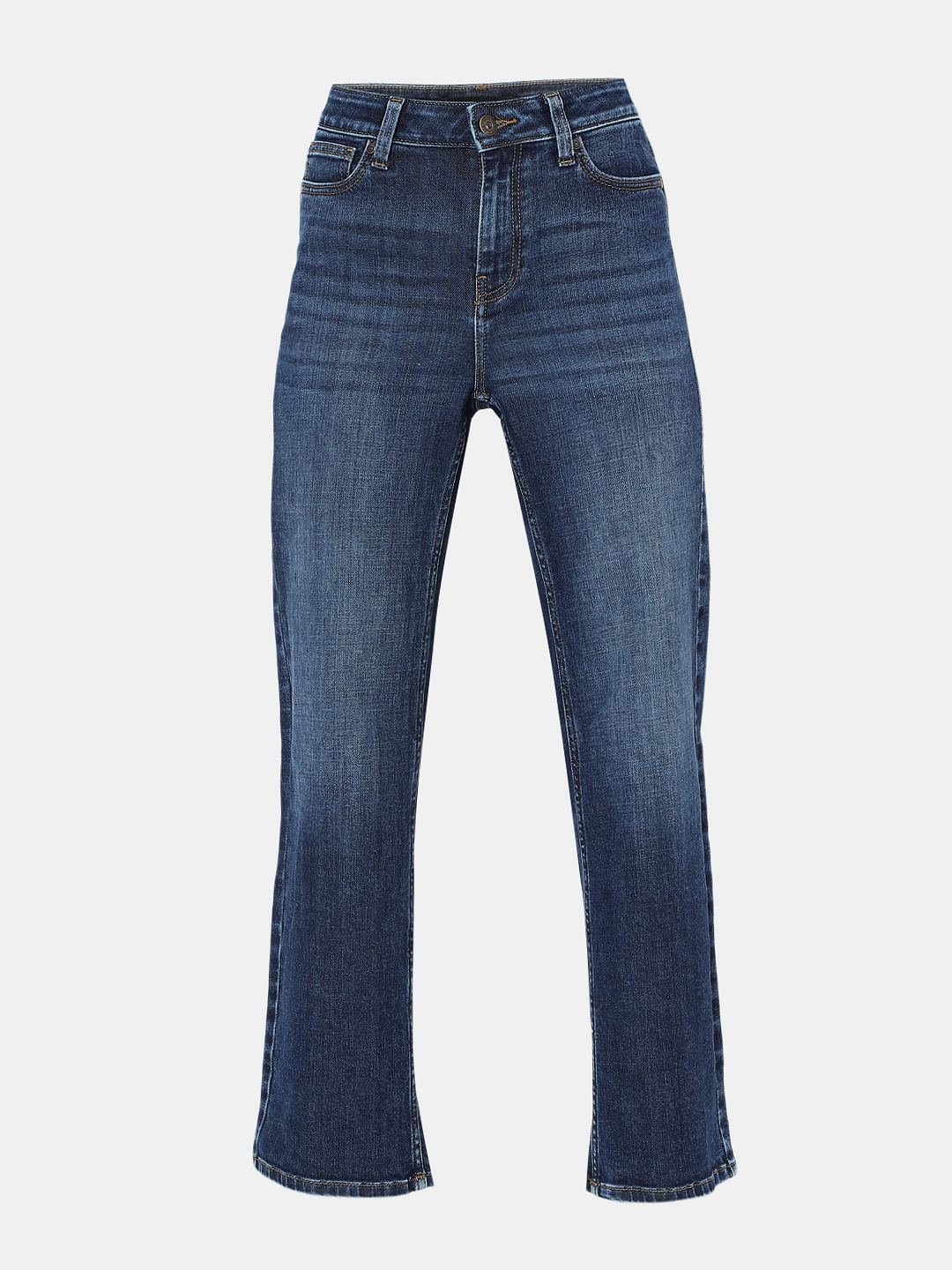 Dark Blue Mid Rise Wide Leg Jeans