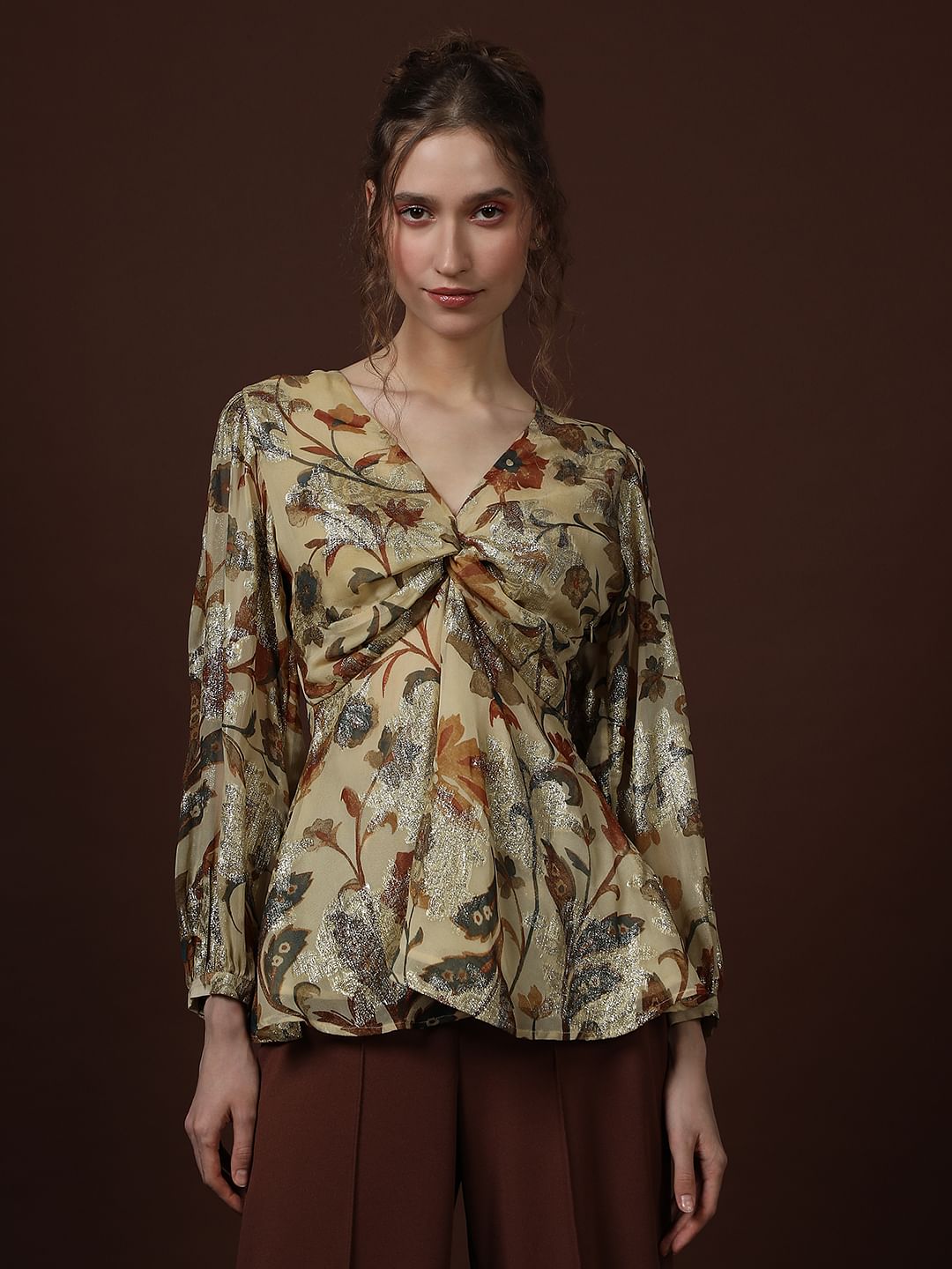 Ecru Floral Print Knot Detail Top
