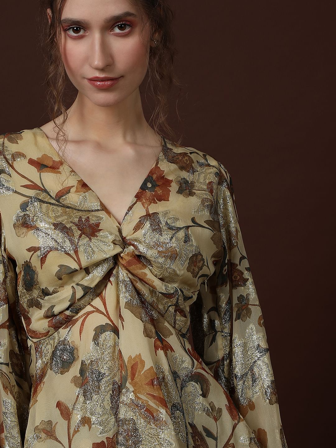 Ecru Floral Print Knot Detail Top