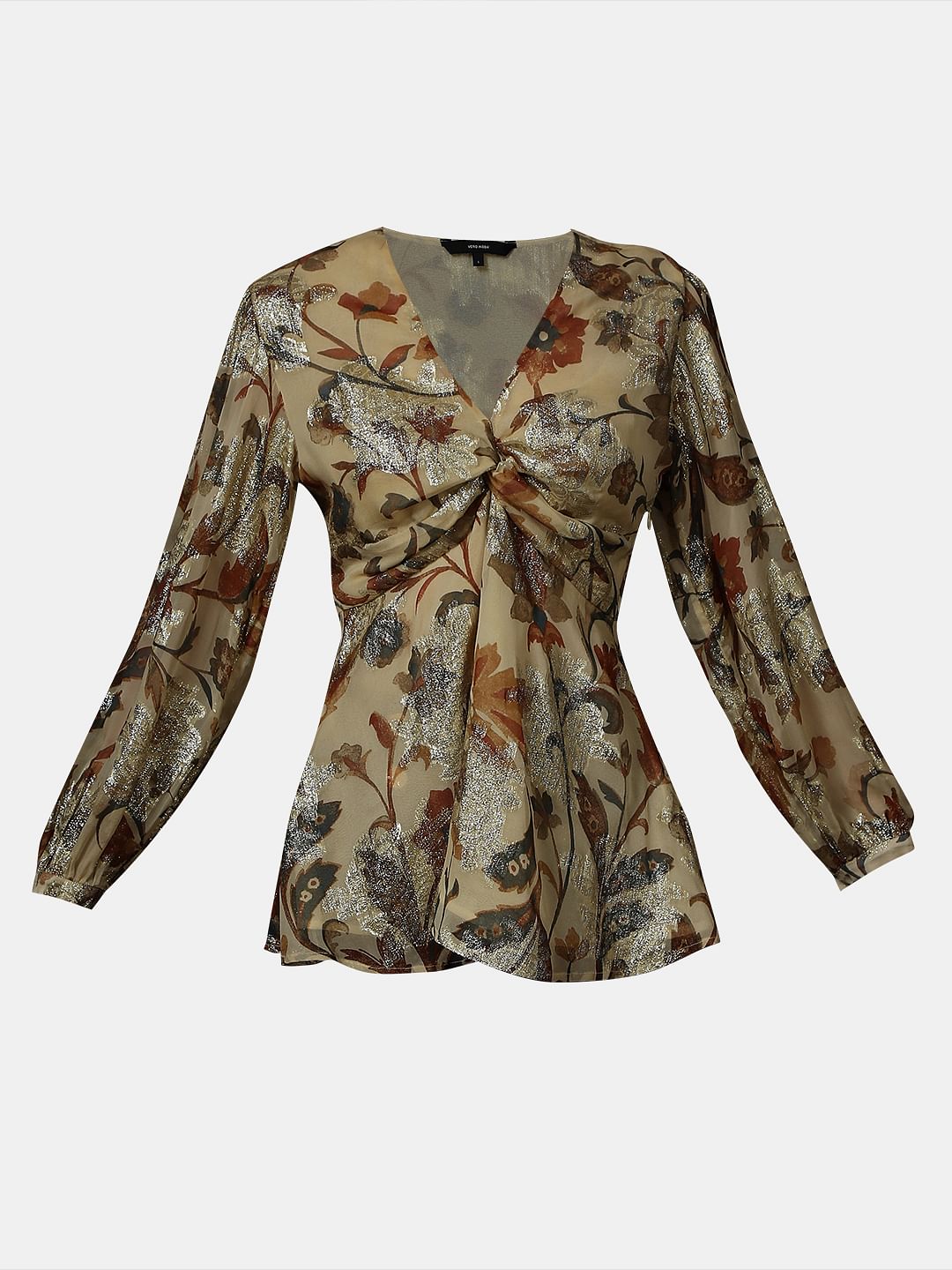 Ecru Floral Print Knot Detail Top