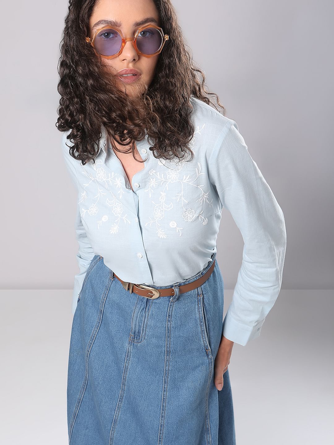 Light Blue Embroidered Cotton Shirt