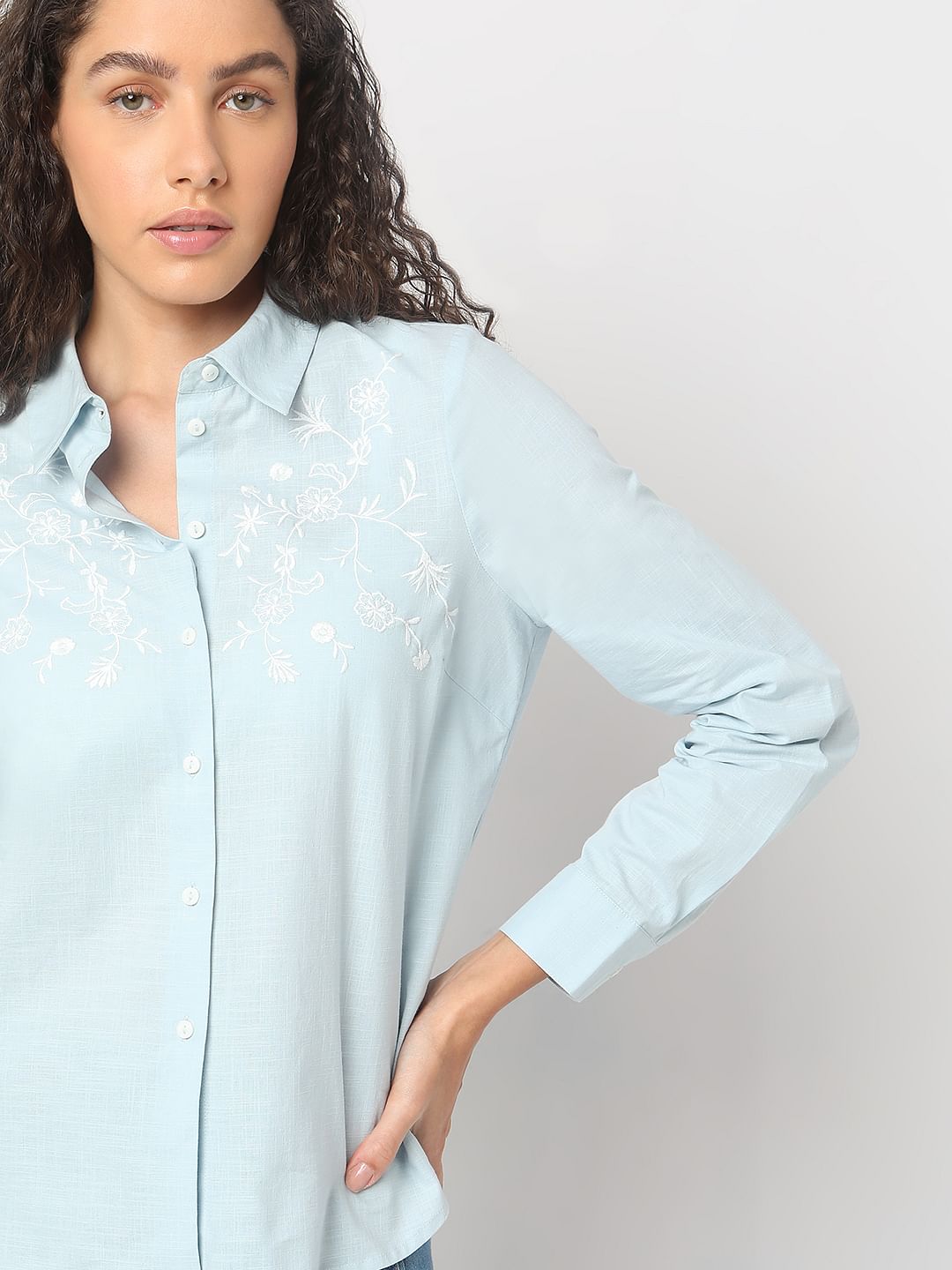 Light Blue Embroidered Cotton Shirt
