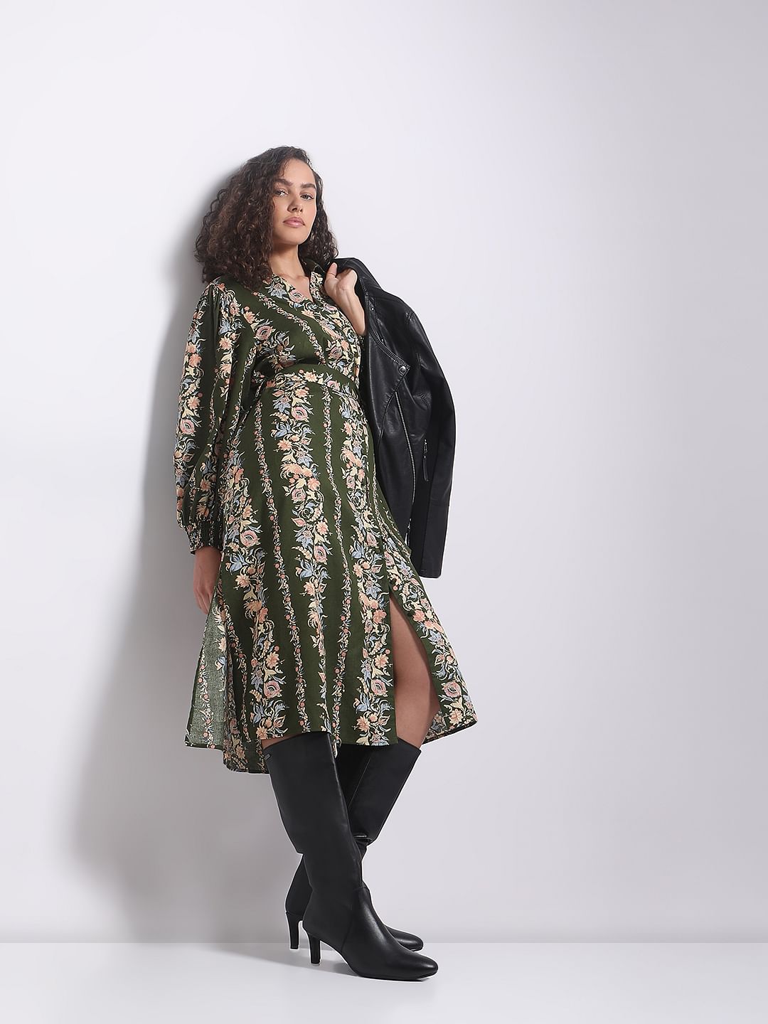 Olive Green Floral Print Dress