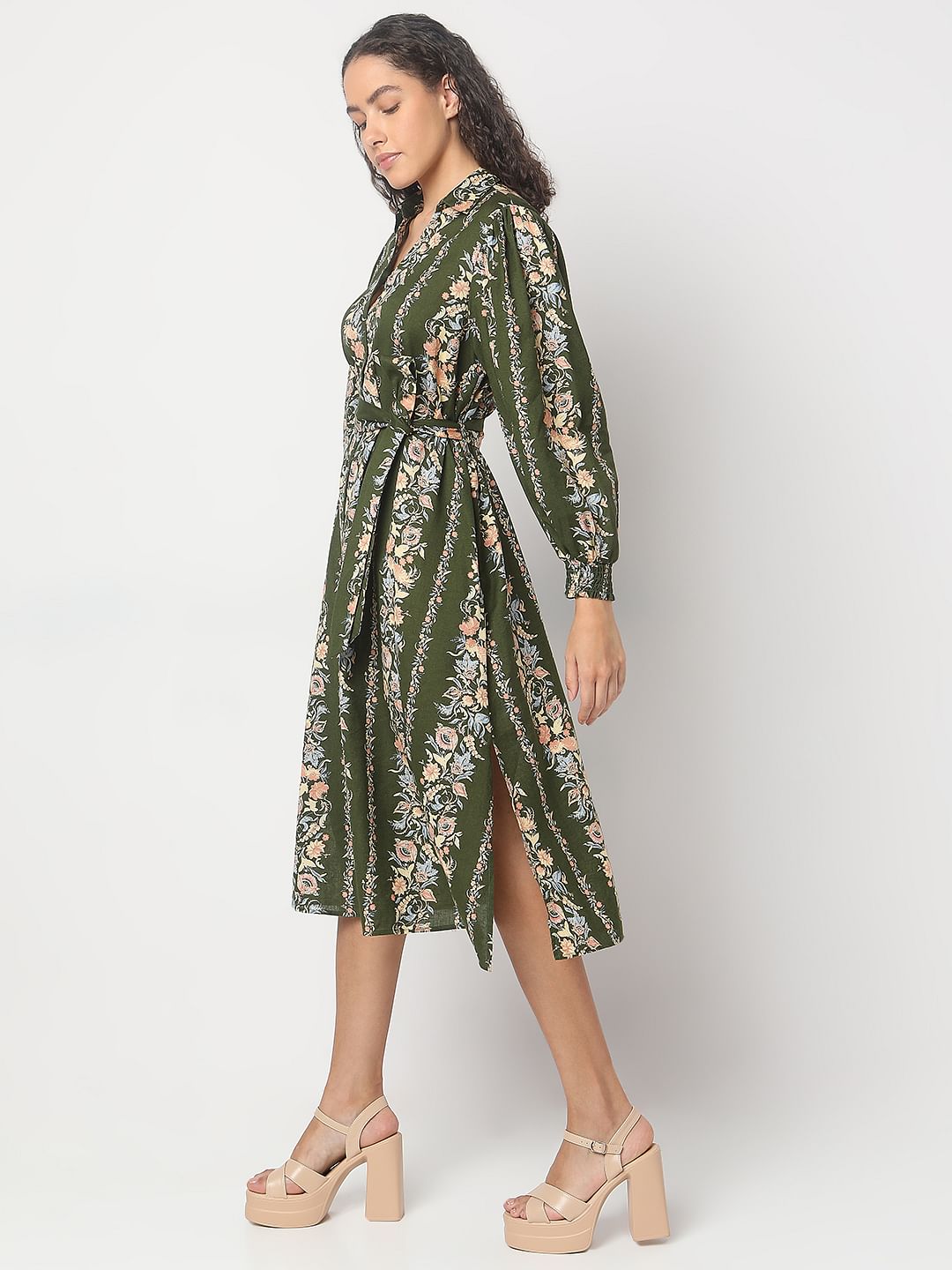 Olive Green Floral Print Dress
