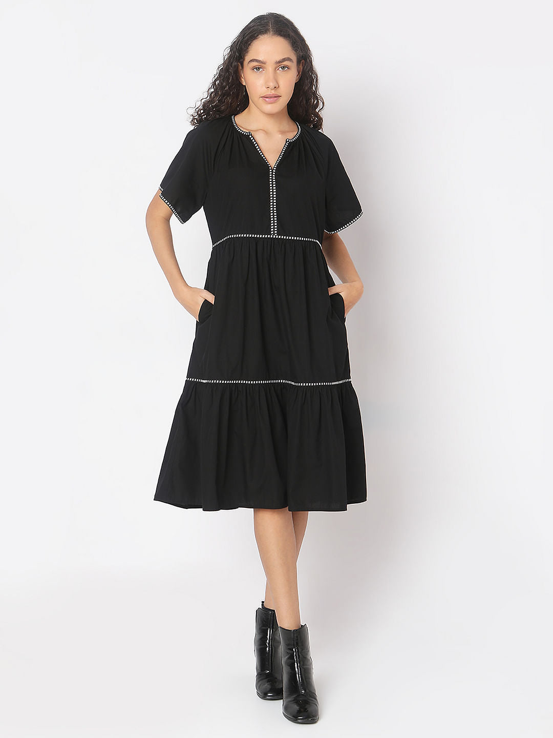 Black Dotted Detail Midi Dress