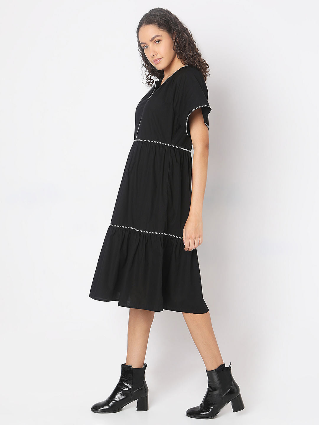 Black Dotted Detail Midi Dress