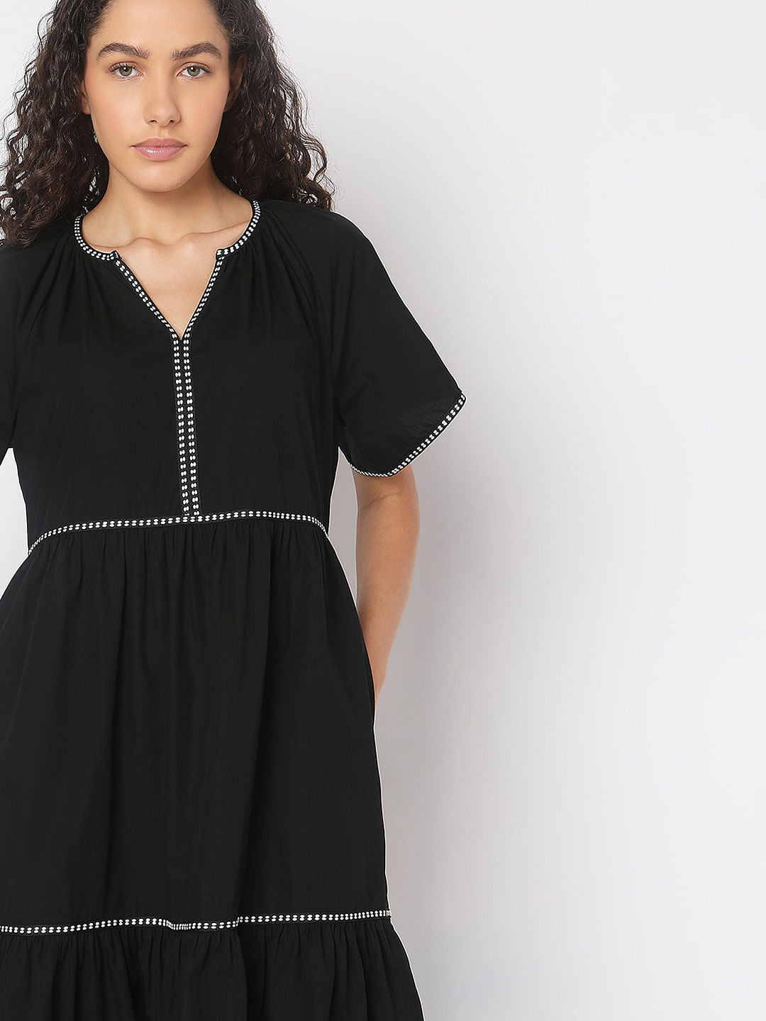 Black Dotted Detail Midi Dress