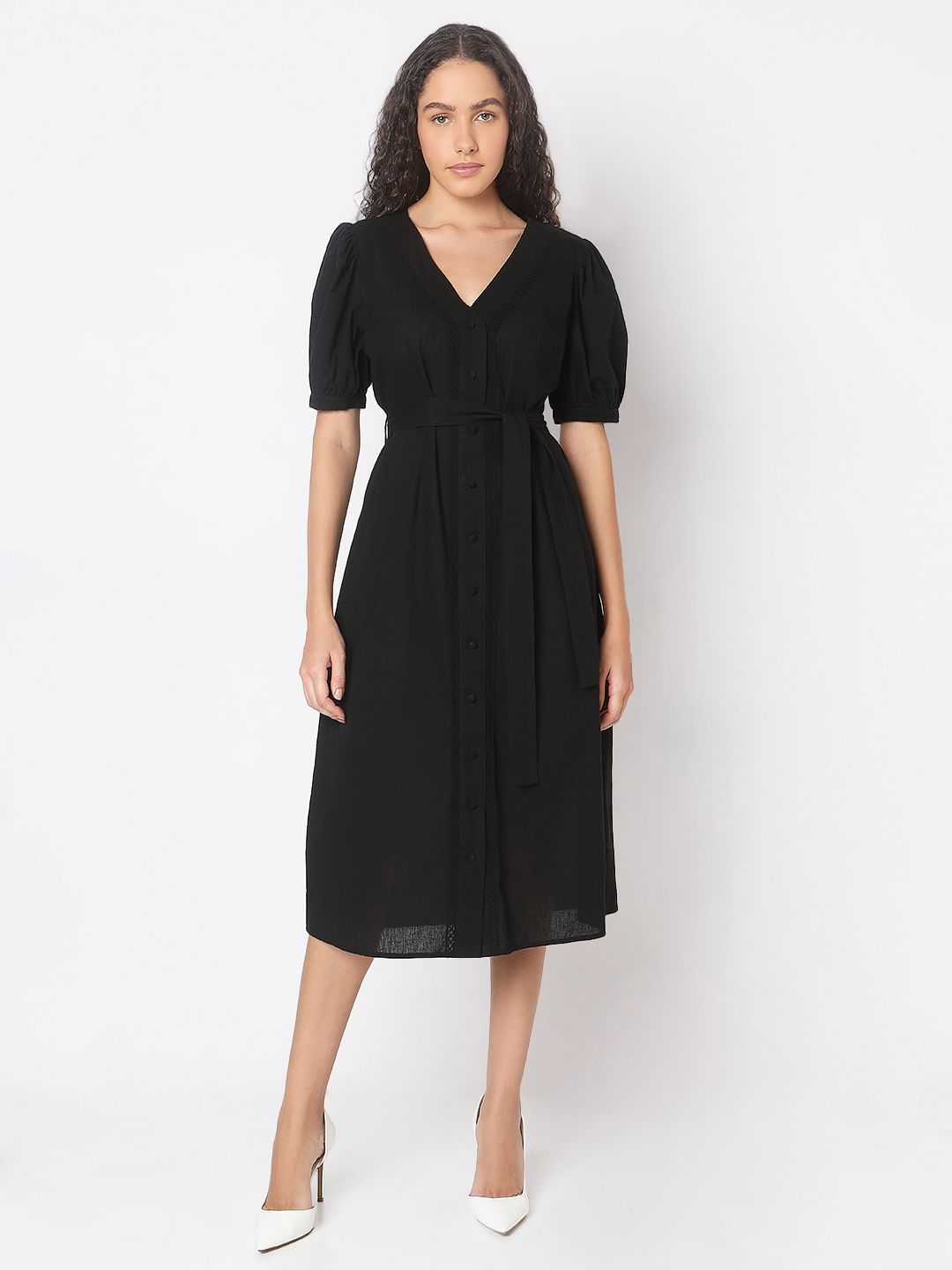 Black V-Neck Midi Dress
