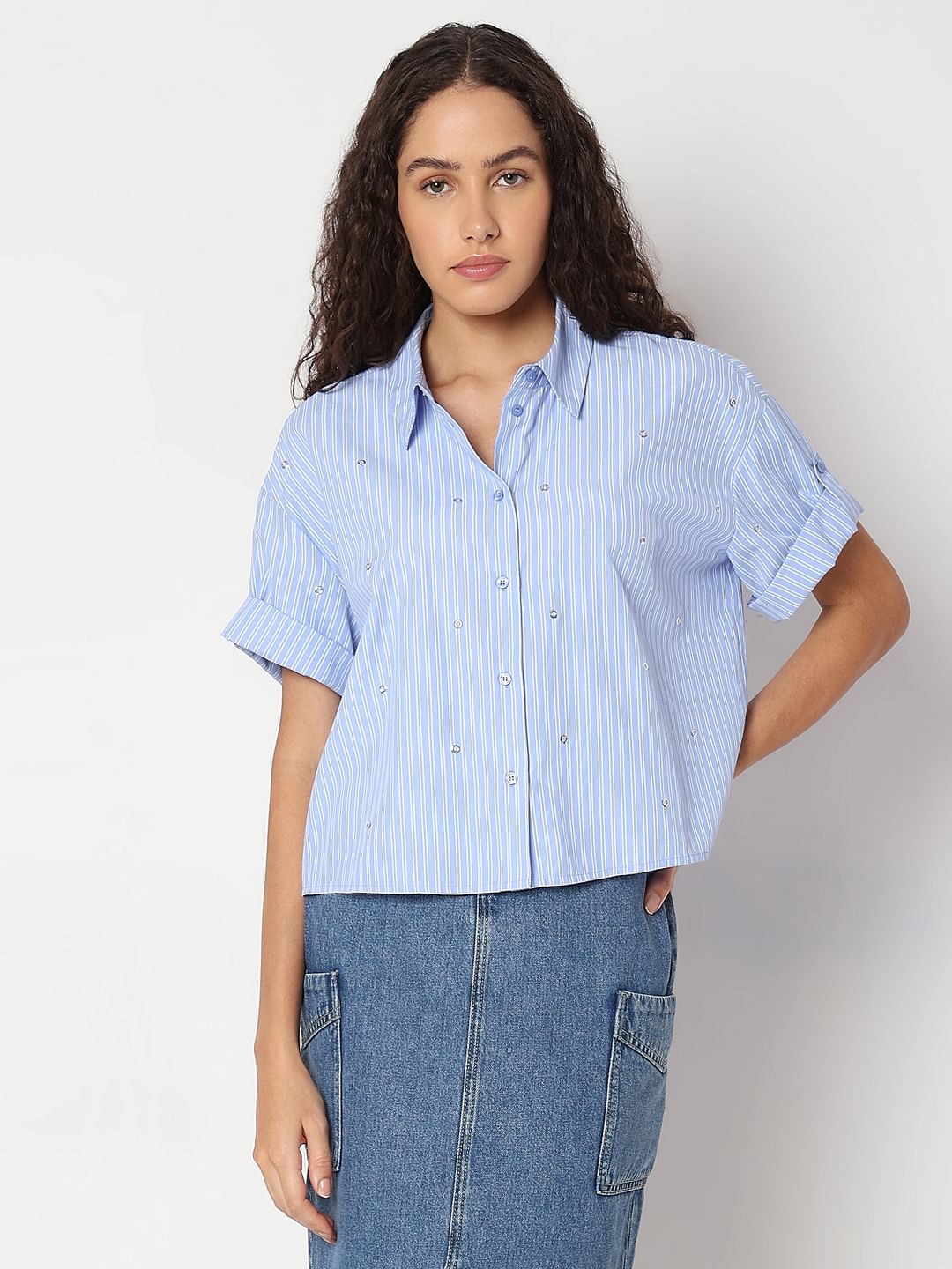 Blue Striped Embellished Shirt