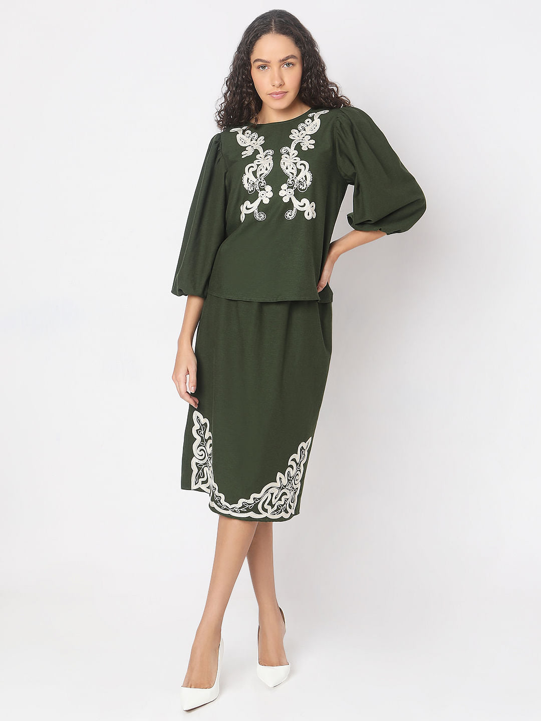 Green Embroidered Co-Ord Set Top