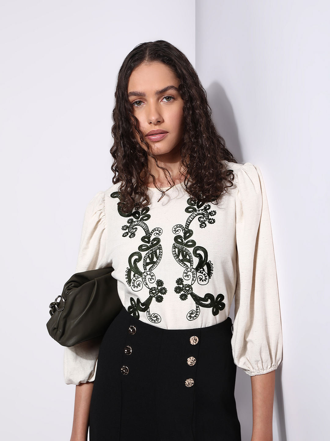 Beige Embroidered Co-Ord Set Top