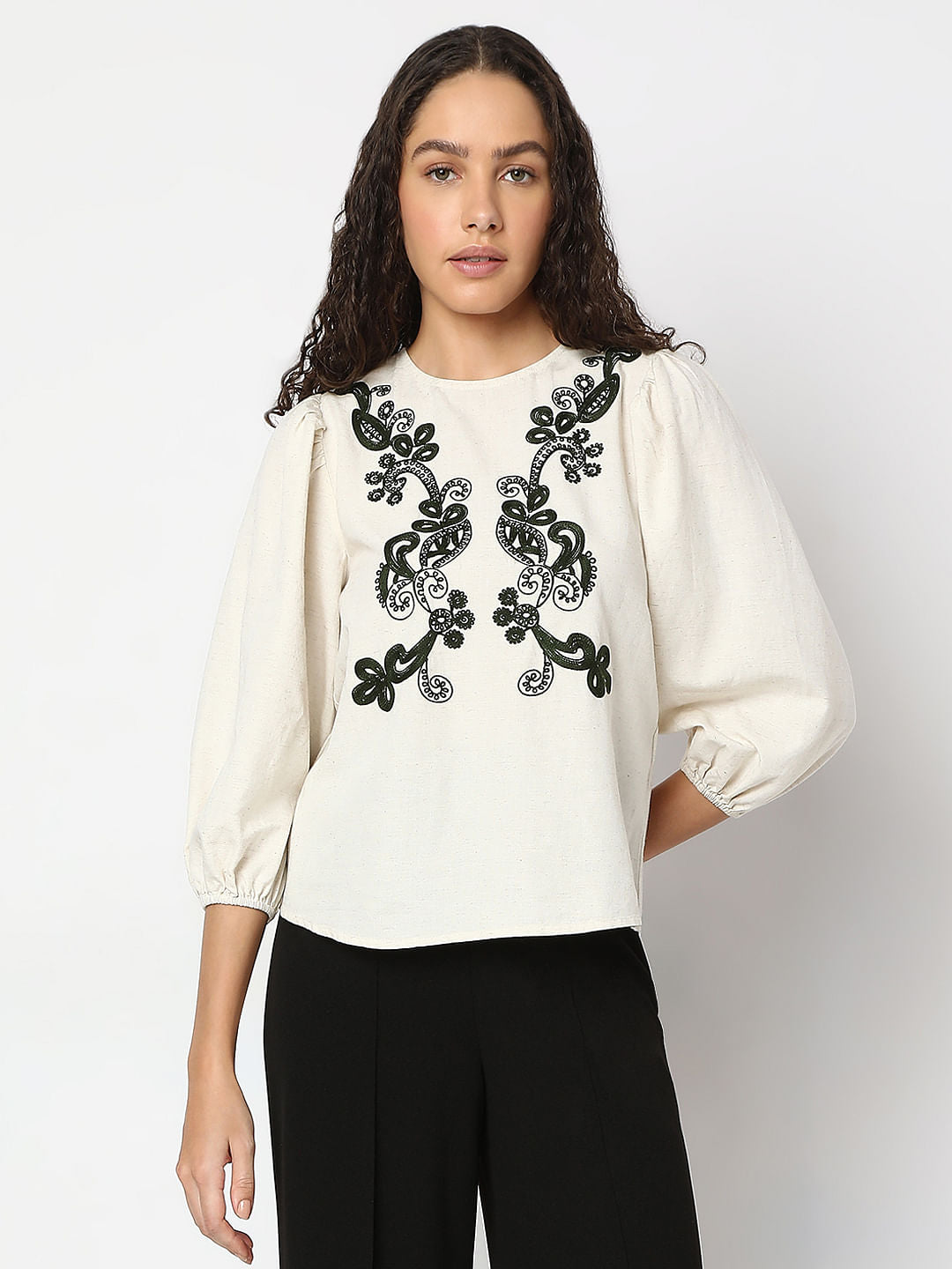 Beige Embroidered Co-Ord Set Top