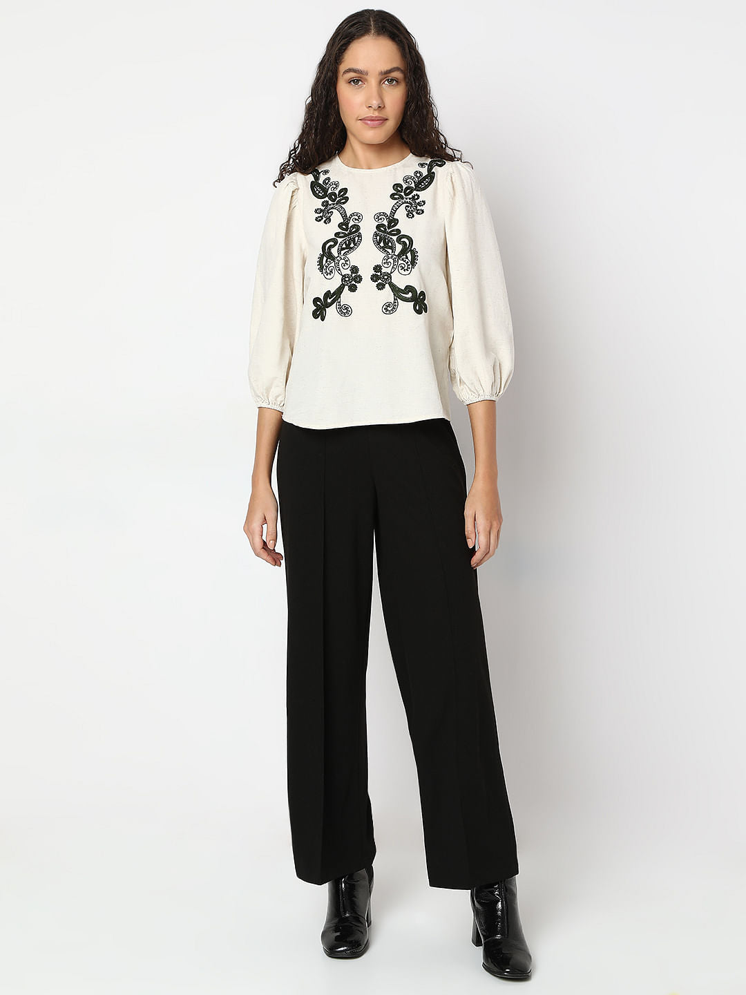 Beige Embroidered Co-Ord Set Top