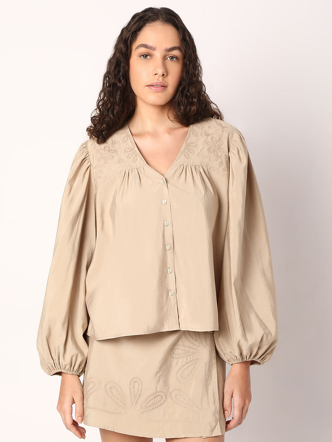 Beige Embroidered Co-Ord Set Top